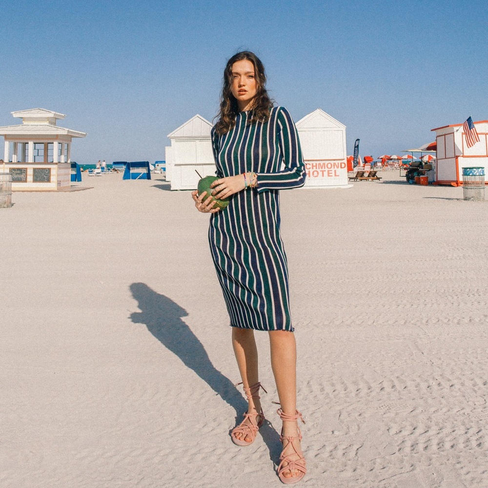 Zara Blue Green & White Vertical Striped Long Sleeve Dress with Ruffle Hem Small